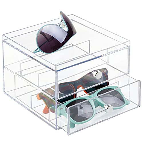 mDesign Stackable Plastic Eye Glass Storage Organizer Box Holder for Sunglasses, Reading Glasses, Lens Cleaning Cloths, and Accessories - 2 Divided Drawers, Chrome Pulls - Clear