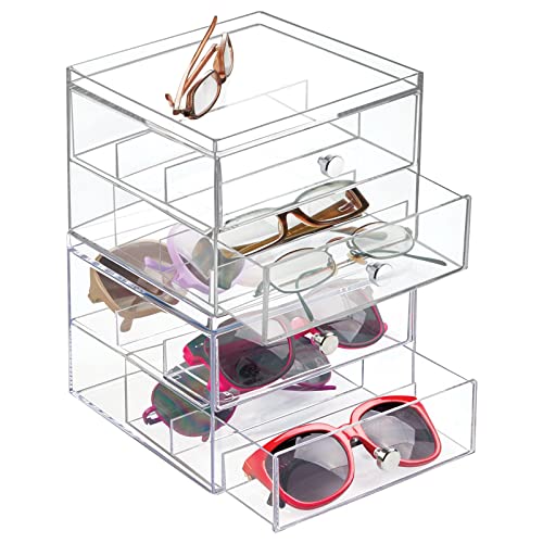 mDesign Stackable Plastic Eye Glass Storage Organizer Box Holder for Sunglasses, Reading Glasses, Lens Cleaning Cloths, and Accessories - 2 Divided Drawers, Chrome Pulls - Clear