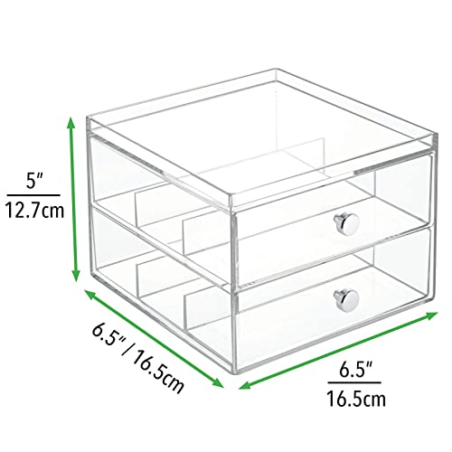 mDesign Stackable Plastic Eye Glass Storage Organizer Box Holder for Sunglasses, Reading Glasses, Lens Cleaning Cloths, and Accessories - 2 Divided Drawers, Chrome Pulls - Clear