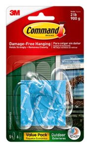 command medium wall hooks, damage free hanging wall hooks with adhesive strips, no tools wall hooks for hanging decorations in living spaces, 5 clear wall hooks and 6 command strips