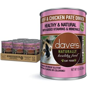 dave's pet food grain free wet cat food (beef & chicken pate), made in usa naturally healthy canned cat food, added vitamins & minerals, wheat & gluten-free, 12.5 oz (case of 12)