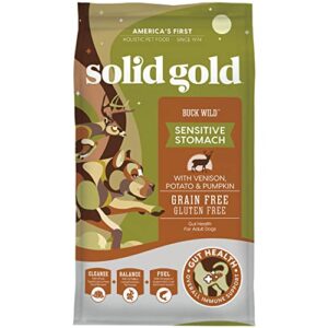 solid gold grain free dry dog food for adult & senior dogs - made with real venison, potato, and pumpkin - buck wild sensitive stomach dog food for protein sensitivities and gut health