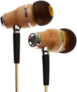 symphonized nrg 2.0 wood earbuds wired, in ear headphones with microphone for computer & laptop, noise isolating earphones for cell phone, ear buds with booming bass (gold)