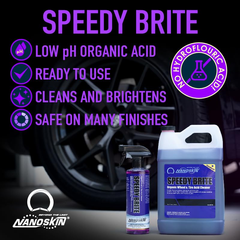 Nanoskin SPEEDY BRITE Professional Wheel & Tire Acid Cleaner 16 Oz. - RTU Car Wash Wheel Cleaning Spray for Car Detailing | Works with Wheel Brush & Tire Brush | Melt Away Rust, Brake Dust, Road Grime