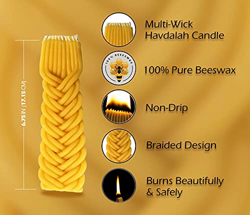 Ner Mitzvah Braided Beeswax Havdalah Candle - Criss Cross Braid - 7" Hand Dipped Bees Wax Braided Candle - Shabbat Judaica Gift