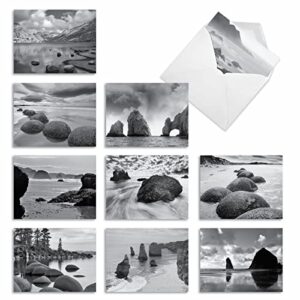 the best card company - 10 blank note cards with envelopes (4 x 5.12 inch) - black & white photos, bulk boxed set - on the rocks m3309