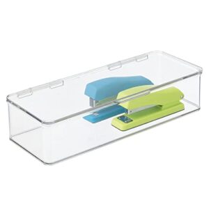 mdesign long plastic home office storage organizer box containers with hinged lid for desktops - holds pens, pencils, sticky notes, highlighters, staples, and supplies - clear