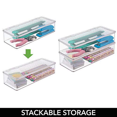 mDesign Long Plastic Home Office Storage Organizer Box Containers with Hinged Lid for Desktops - Holds Pens, Pencils, Sticky Notes, Highlighters, Staples, and Supplies - Clear