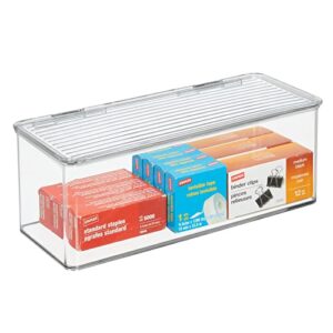 mdesign plastic stackable storage organizer box with hinged lid - long home office holder supply bin for note pads, gel pens, staples, tape, highlighters, or dry erase markers - clear