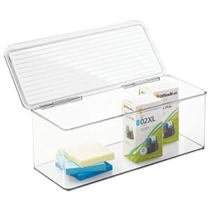 mDesign Plastic Stackable Storage Organizer Box with Hinged Lid - Long Home Office Holder Supply Bin for Note Pads, Gel Pens, Staples, Tape, Highlighters, or Dry Erase Markers - Clear
