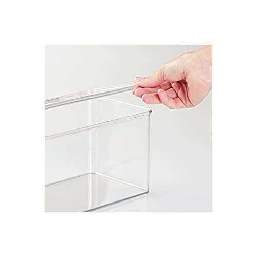 mDesign Plastic Stackable Storage Organizer Box with Hinged Lid - Long Home Office Holder Supply Bin for Note Pads, Gel Pens, Staples, Tape, Highlighters, or Dry Erase Markers - Clear