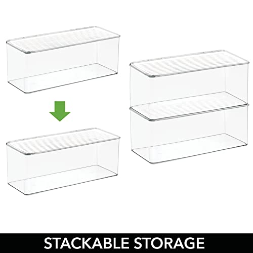 mDesign Plastic Stackable Storage Organizer Box with Hinged Lid - Long Home Office Holder Supply Bin for Note Pads, Gel Pens, Staples, Tape, Highlighters, or Dry Erase Markers - Clear