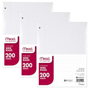 mead loose leaf paper, 3 pack, notebook paper, wide ruled filler paper, standard, 8 x 10.5, 200 sheets per pack (73183)