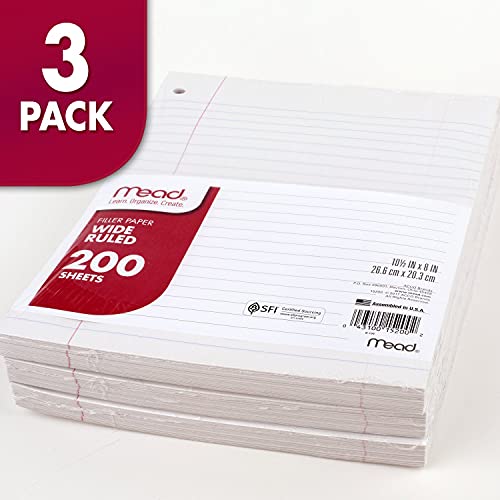 Mead Loose Leaf Paper, 3 Pack, Notebook Paper, Wide Ruled Filler Paper, Standard, 8 x 10.5, 200 Sheets per Pack (73183)