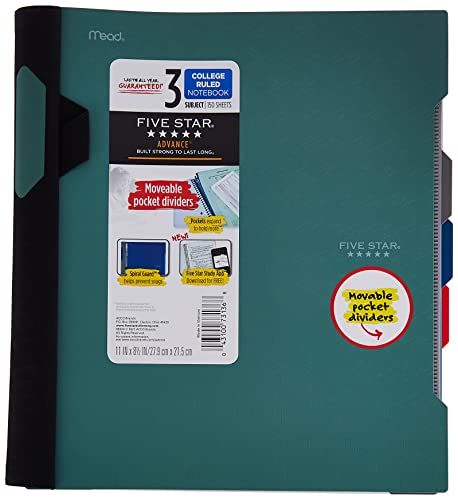 Five Star Advance Spiral Notebook + Study App, 3 Subject, College Ruled Paper, 11" x 8-1/2", 150 Sheets, With Spiral Guard and Movable Dividers, Seaglass Green, 1 Count (73136)