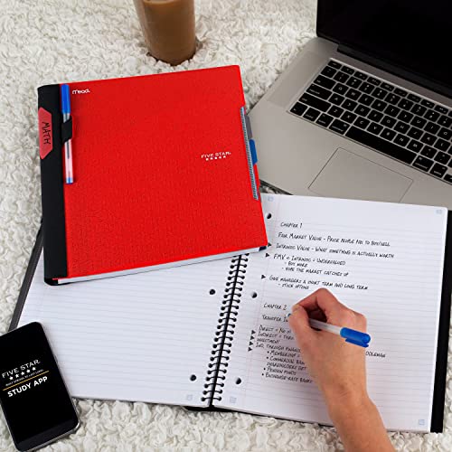 Five Star Advance Spiral Notebook Plus Study App, 3 Subject, College Ruled Paper, 11" x 8-1/2", 150 Sheets, With Spiral Guard and Movable Dividers, Fire Red, 1 Count (73134)