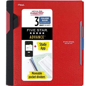 five star advance spiral notebook plus study app, 3 subject, college ruled paper, 11" x 8-1/2", 150 sheets, with spiral guard and movable dividers, fire red, 1 count (73134)