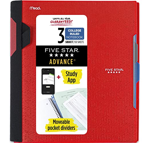 Five Star Advance Spiral Notebook Plus Study App, 3 Subject, College Ruled Paper, 11" x 8-1/2", 150 Sheets, With Spiral Guard and Movable Dividers, Fire Red, 1 Count (73134)