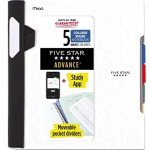 five star spiral notebook + study app, 5 subject, college ruled paper, advance notebook with spiral guard, movable tabbed dividers and expanding pockets, 8-1/2" x 11", 200 sheets, white (73154)