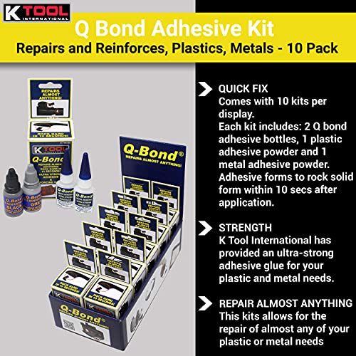 K Tool International 90003 Q Bond Ultra Strong Adhesive Kit for Garages, Repair Shops and, DIY, Hard Plastics/PVC/Metals, (2) Adhesive Bottles, (1) Plastic and (1) Metal Reinforcing Powders, 10 Pack