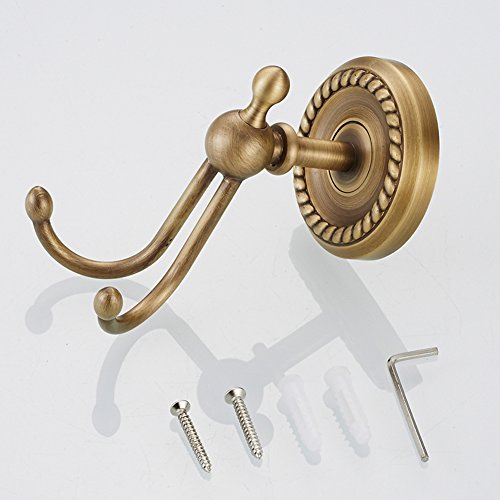 Leyden Antique Brass Towel Hooks, Bathroom Double Robe Hooks Brushed Brass Coat Hanger Hanging Towel Wall Mounted