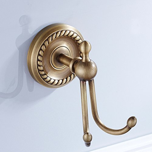 Leyden Antique Brass Towel Hooks, Bathroom Double Robe Hooks Brushed Brass Coat Hanger Hanging Towel Wall Mounted