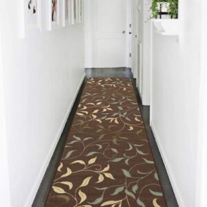 machine washable leaves design non-slip rubberback 3x10 traditional runner rug for hallway, kitchen, bedroom, living room, 2'7" x 9'10", brown