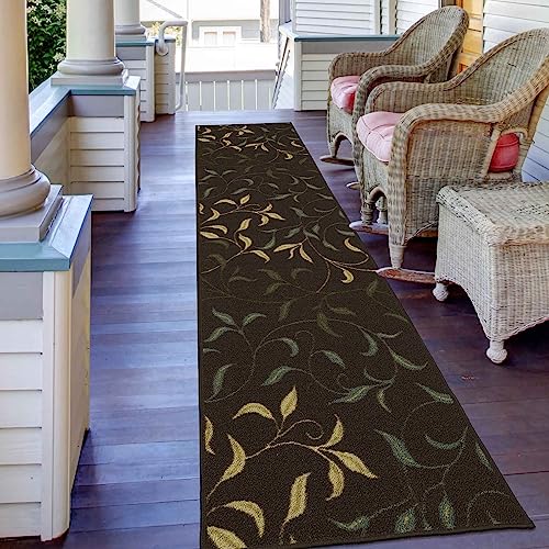 Machine Washable Leaves Design Non-Slip Rubberback 3x10 Traditional Runner Rug for Hallway, Kitchen, Bedroom, Living Room, 2'7" x 9'10", Brown