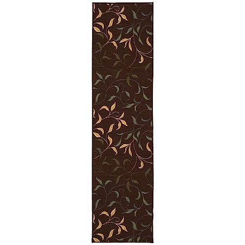 Machine Washable Leaves Design Non-Slip Rubberback 3x10 Traditional Runner Rug for Hallway, Kitchen, Bedroom, Living Room, 2'7" x 9'10", Brown