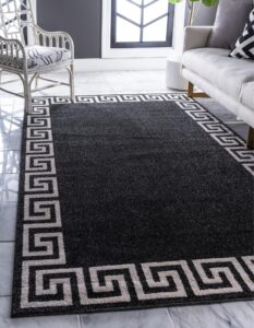 unique loom athens collection classic geometric modern border design area rug, 5 ft x 8 ft, charcoal/beige