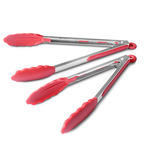 MEKBOK Kitchen Tongs Set - Salad & Grill Stainless Steel Serving Tongs with Silicone Tips - 9"&12" (Red)