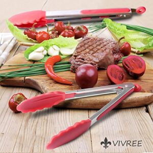 MEKBOK Kitchen Tongs Set - Salad & Grill Stainless Steel Serving Tongs with Silicone Tips - 9"&12" (Red)