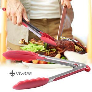 MEKBOK Kitchen Tongs Set - Salad & Grill Stainless Steel Serving Tongs with Silicone Tips - 9"&12" (Red)