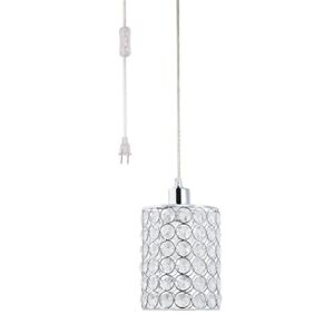 globe electric 65142 1-light cylindrical plug-in pendant, polished chrome finish, caged crystal shade, clear 15ft cord, in-line on/off rocker switch, e26 base socket, ceiling hanging light fixture