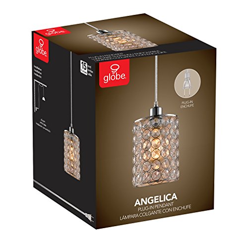 Globe Electric 65142 1-Light Cylindrical Plug-in Pendant, Polished Chrome Finish, Caged Crystal Shade, Clear 15ft Cord, in-Line On/Off Rocker Switch, E26 Base Socket, Ceiling Hanging Light Fixture