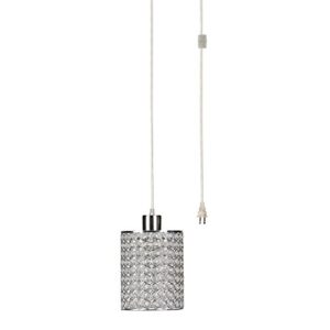 Globe Electric 65142 1-Light Cylindrical Plug-in Pendant, Polished Chrome Finish, Caged Crystal Shade, Clear 15ft Cord, in-Line On/Off Rocker Switch, E26 Base Socket, Ceiling Hanging Light Fixture