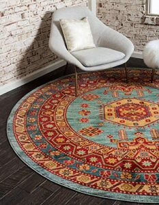 unique loom sahand collection area rug - shapur (8' round, light blue/ light brown)