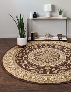 unique loom versailles collection traditional classic medallion floral motif area rug (6' 0 x 6' 0 round, brown/ ivory)