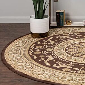 Unique Loom Versailles Collection Traditional Classic Medallion Floral Motif Area Rug (6' 0 x 6' 0 Round, Brown/ Ivory)