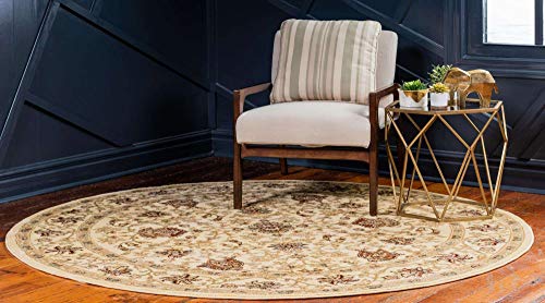 Unique Loom Voyage Collection Traditional Oriental Classic Intricate Design Area Rug, Round 6' 1" x 6' 1", Ivory/Tan