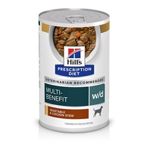 hill's prescription diet w/d multi-benefit digestive/weight/glucose/urinary management vegetable & chicken stew wet dog food, veterinary diet, 12.5 oz. cans, 12-pack
