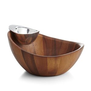 nambe harmony chip and dip server | chips and salsa serving dish | salad bar serving set for a party | chilled dip serving bowl | made of acacia wood and metal alloy