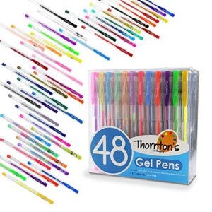 thornton's art supply premium assorted colors gel ink pens value pack - set of 48 high-quality stationary colored pen for journaling writing artwork
