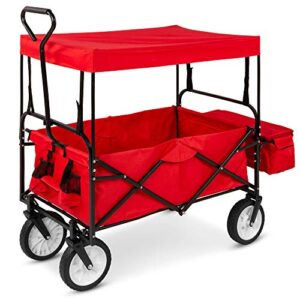 best choice products collapsible folding outdoor utility wagon with canopy garden cart for beach, picnic, camping, tailgates w/removable canopy, detachable pockets, 150lb weight capacity - red