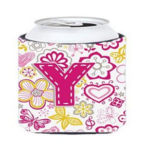 caroline's treasures cj2005-ycc letter y flowers and butterflies pink can or bottle hugger cooler washable drink sleeve collapsible beverage insulated holder, can hugger, multicolor