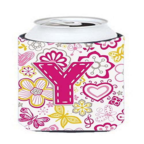 Caroline's Treasures CJ2005-YCC Letter Y Flowers and Butterflies Pink Can or Bottle Hugger Cooler Washable Drink Sleeve Collapsible Beverage Insulated Holder, Can Hugger, Multicolor