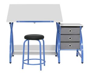sd studio designs 2 piece comet center plus, craft table and matching stool set with storage and adjustable top, 50"w x 23.75"d x 29.5"h, blue/white
