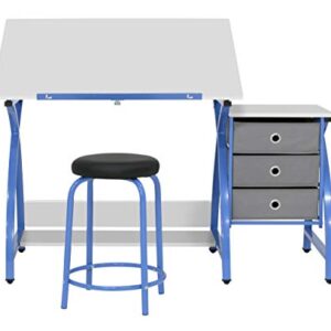 SD STUDIO DESIGNS 2 Piece Comet Center Plus, Craft Table and Matching Stool Set with Storage and Adjustable Top, 50"W x 23.75"D x 29.5"H, Blue/White