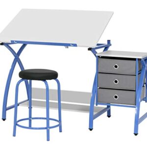 SD STUDIO DESIGNS 2 Piece Comet Center Plus, Craft Table and Matching Stool Set with Storage and Adjustable Top, 50"W x 23.75"D x 29.5"H, Blue/White