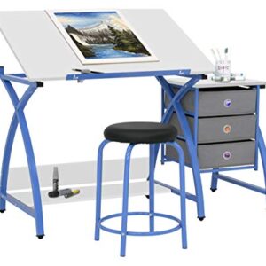 SD STUDIO DESIGNS 2 Piece Comet Center Plus, Craft Table and Matching Stool Set with Storage and Adjustable Top, 50"W x 23.75"D x 29.5"H, Blue/White